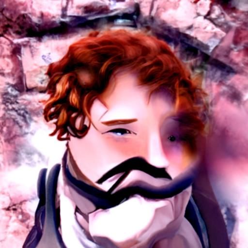 Red, curly hair is pulled back to reveal a full, tense face....