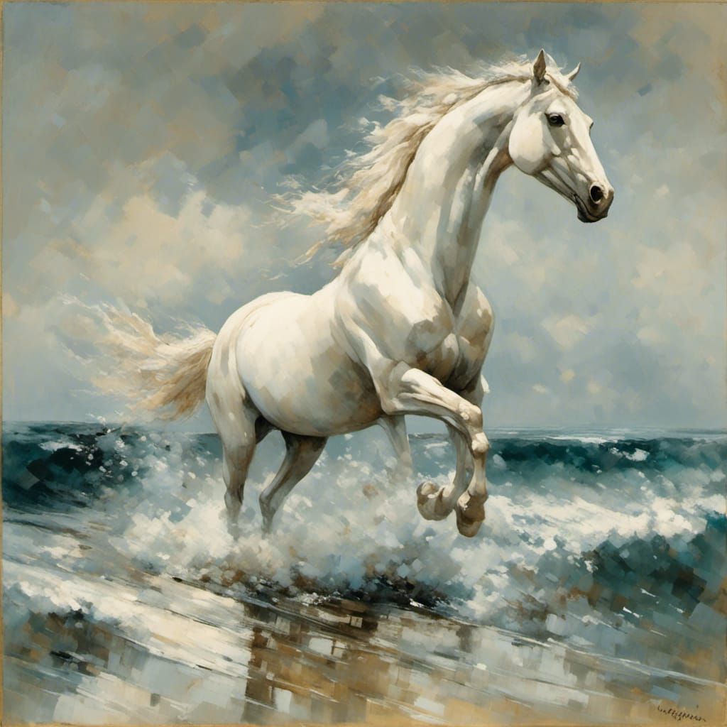 horse running through waves which are turning into white horses - AI ...