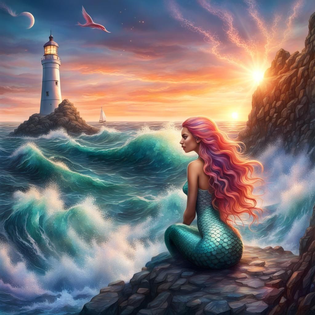 Realistic detailed mermaid with perfect tail on the rocks, waves are ...