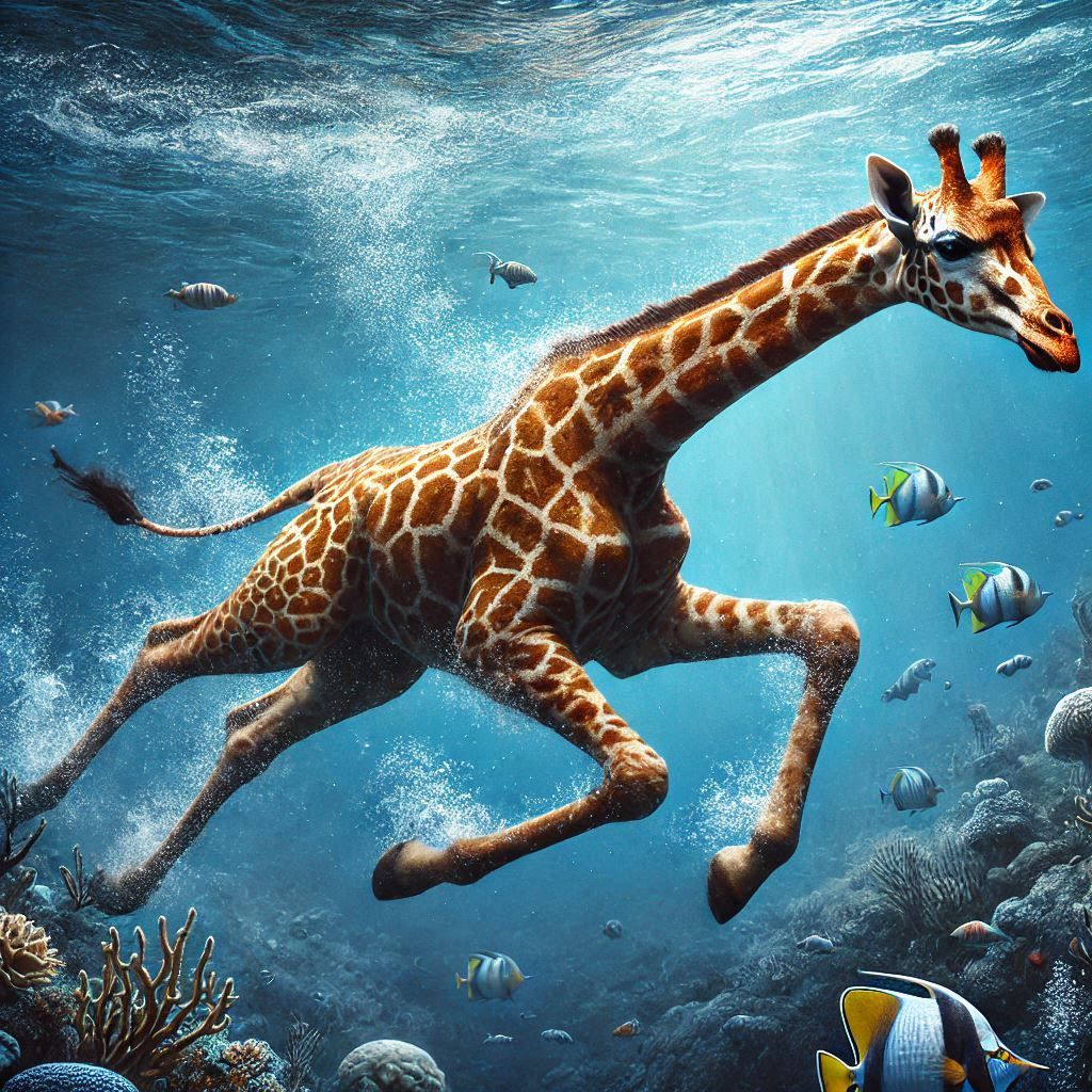 A giraffe discovering the deep ocean