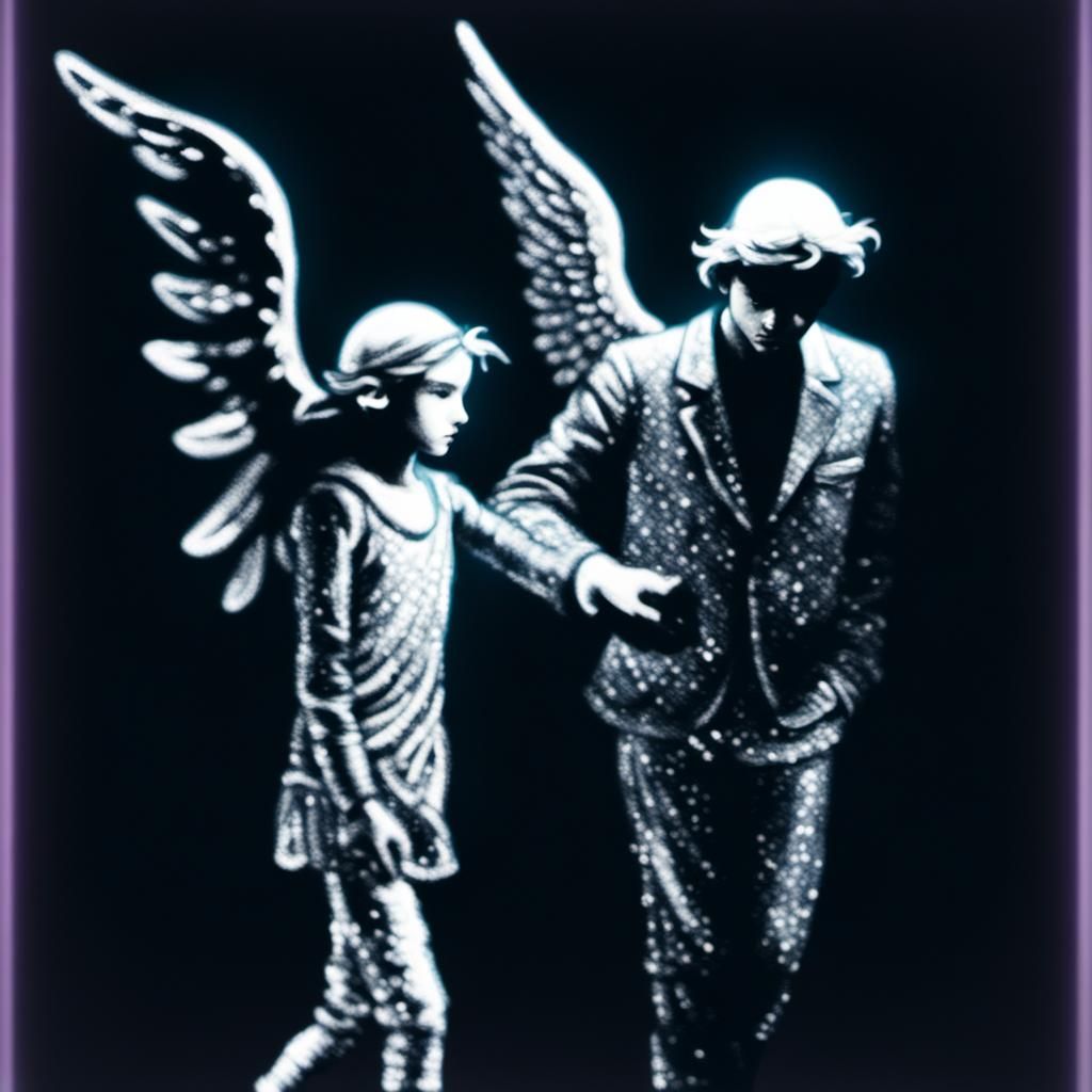 "**A blind person, wearing a bandanna over their eyes, walks at night along a dark city street, illuminated by soft street lamps. The perso...