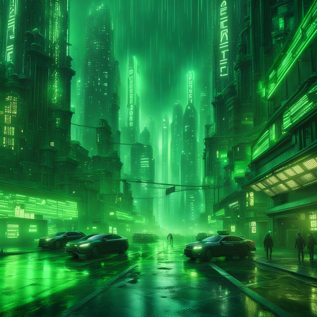 Matrix-Style Green Digital Rain Futuristic City