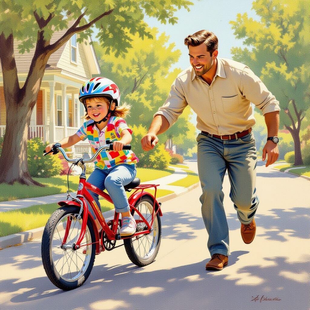 A child is learning to ride a bicycle. The father is running along side, balaninge the bike.  by @Not Artistic