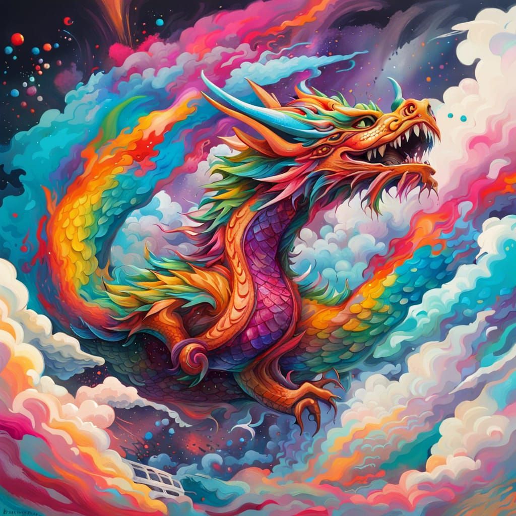 Magical multicoloured dragon swooping through the sky - AI Generated ...