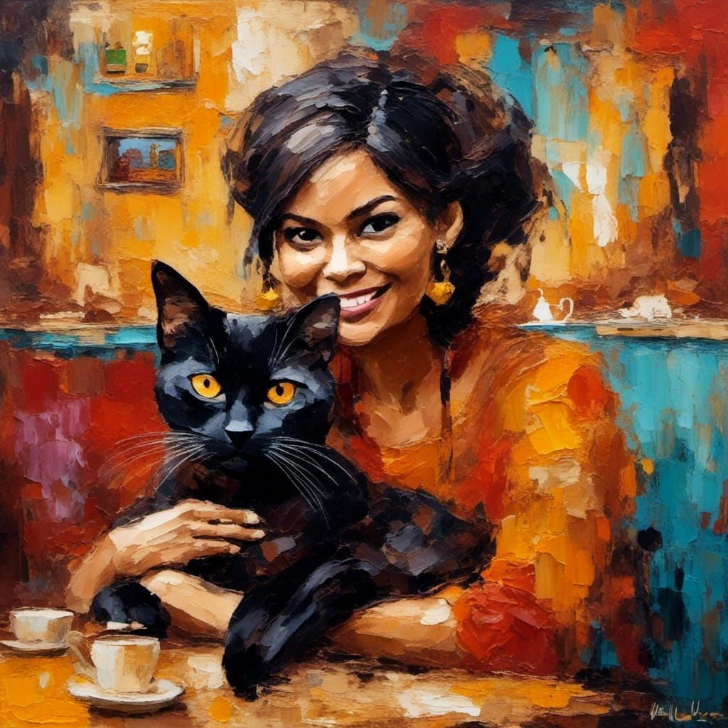 Woman with Cats in Cafe, as Impasto Painting