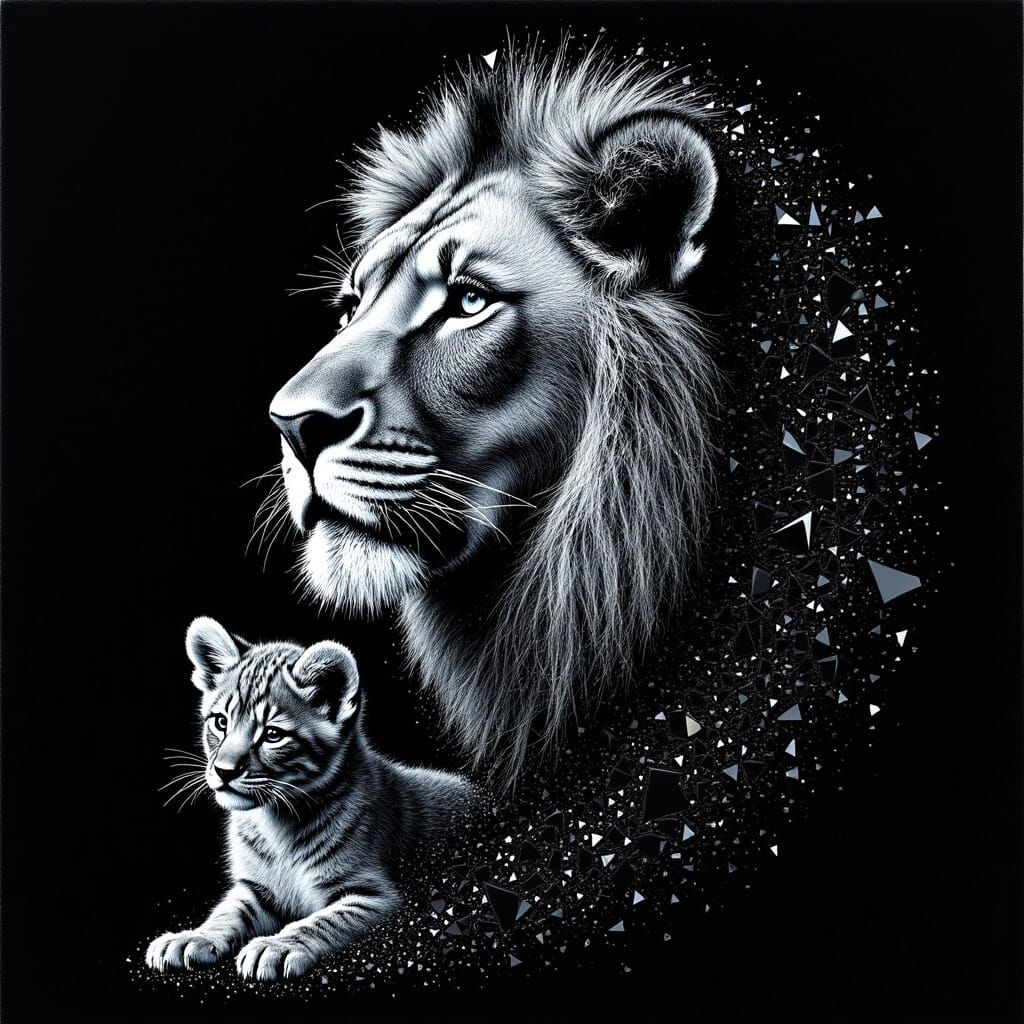 Lion with cubs abstract portrait made with shattered glass on black velvet. the shatters forms the outline of portrait <lora:Shattered:1.0>