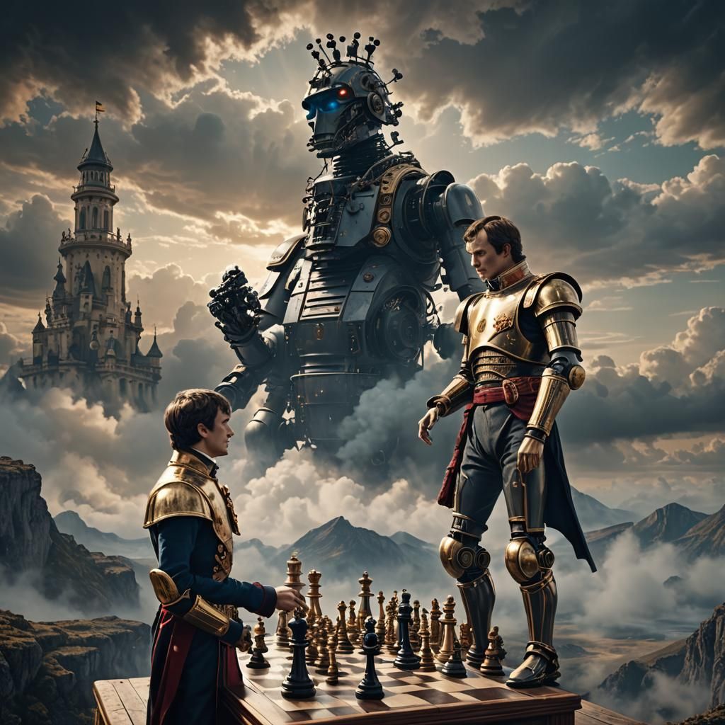 Napoleon Bonaparte plays chess with humanoid robot, dreamy cloudscape