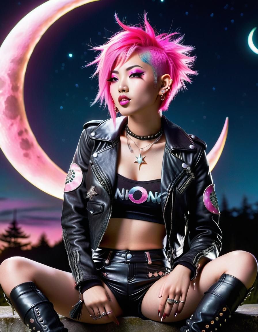 Japanese Punk Fairy Girl under Crescent Moon