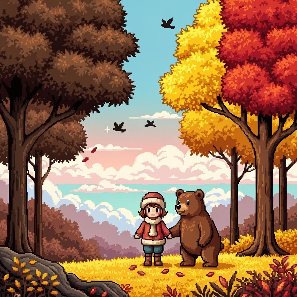 8-bit pixel art of a girl and a bear together as friends in an enchanted autumn forest. The girl is wearing warm, cozy clothes. The forest h...