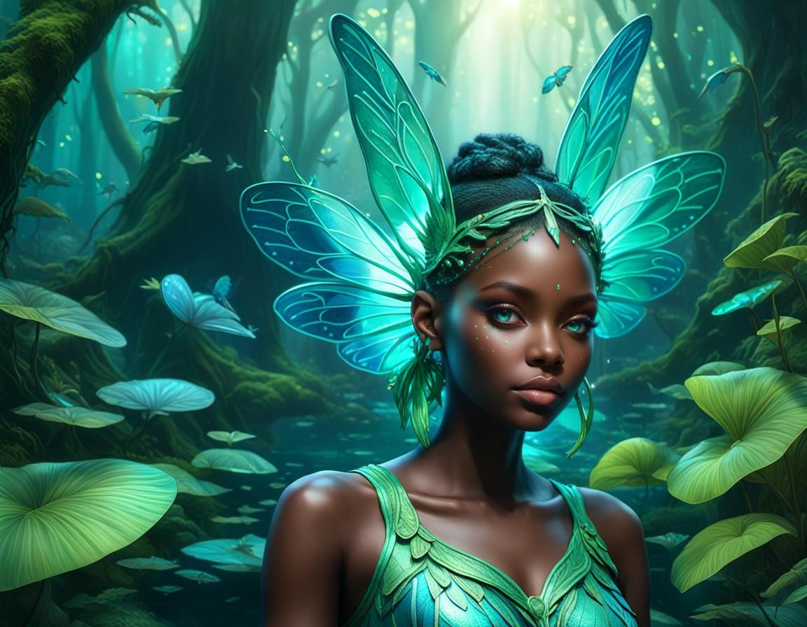 Beautiful African Fairy with sparkling glowing neon blue-gre...