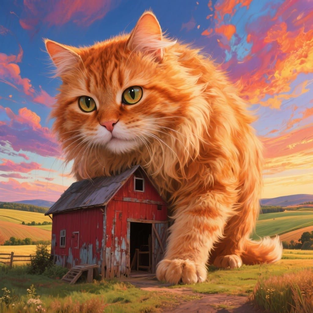 A giant orange cat trying to sleep on a barn