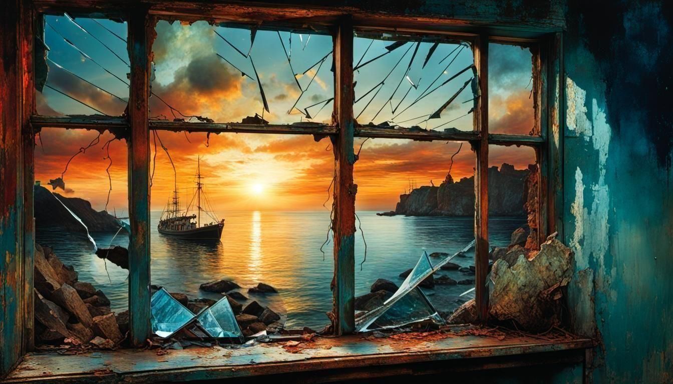 Sea Sunset from a Shattered Window  by @SubSta