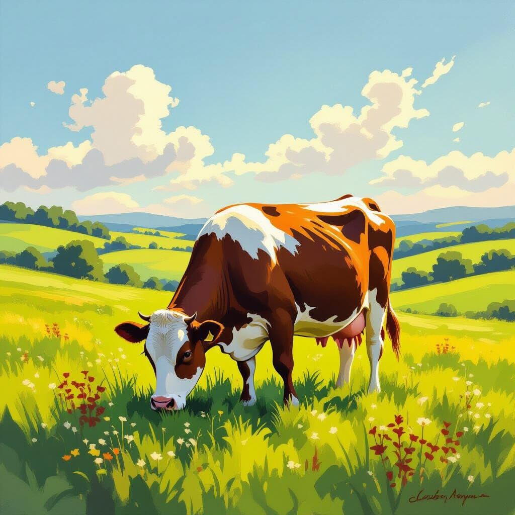 Contented Cow in Golden Hour Meadow Oil Painting