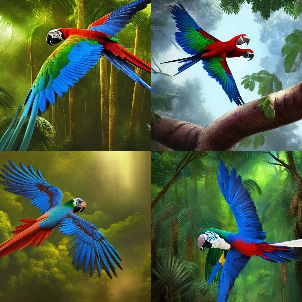 Macaw parrot flying over forest canopy, 1000k resolution pho...