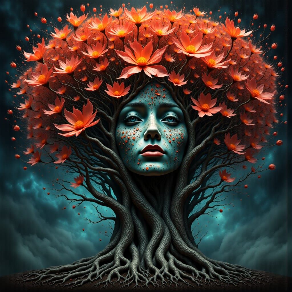 <lora:Flotre:1.0>dreamy glowing flowered tree face, 𝙙𝙚𝙥𝙩𝙝 𝙞𝙡𝙡𝙪𝙨𝙞𝙤𝙣 𝙗𝙮 M.C.Escher 𝙗𝙮 Zdzisław Beksiński 𝙧𝙖𝙣𝙙𝙤𝙢𝙞𝙯𝙚 𝙥𝙖𝙣𝙚𝙡𝙨 𝙘𝙤𝙣𝙩𝙧𝙤𝙡𝙡𝙚𝙙 𝙜𝙧𝙖𝙙𝙞𝙚𝙣𝙩𝙨...