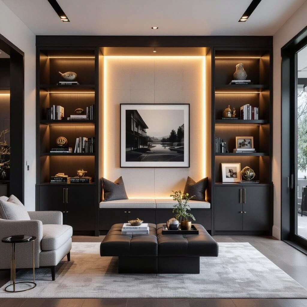 custom den, modern, room for framed art in the middle, cabinets on the bottom for storage, shelving for displaying books, art, family photos...