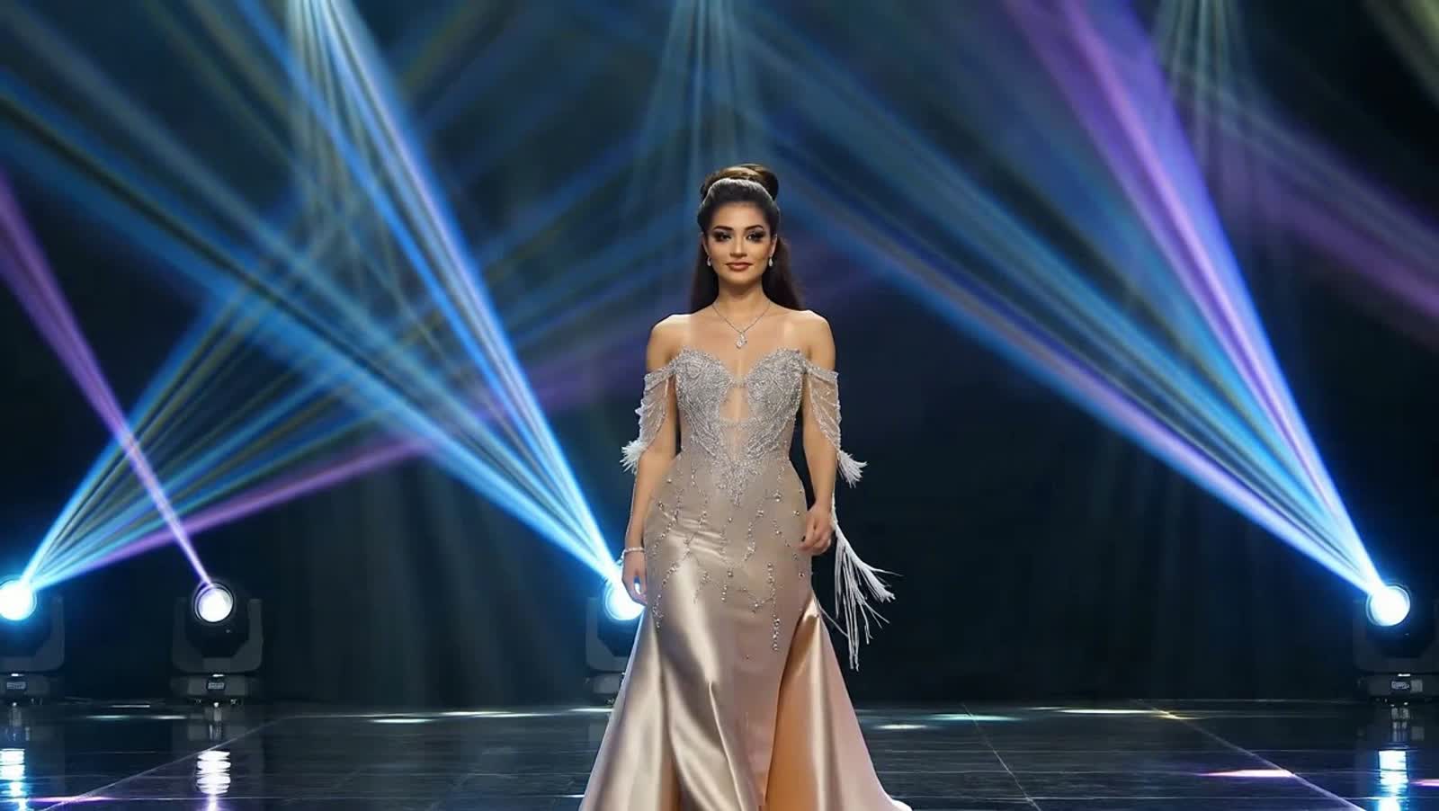 A woman on a catwalk, dressed in a off the shoulder evening gown. Lights flashing and lasers criss-crossing the sky,  sh...