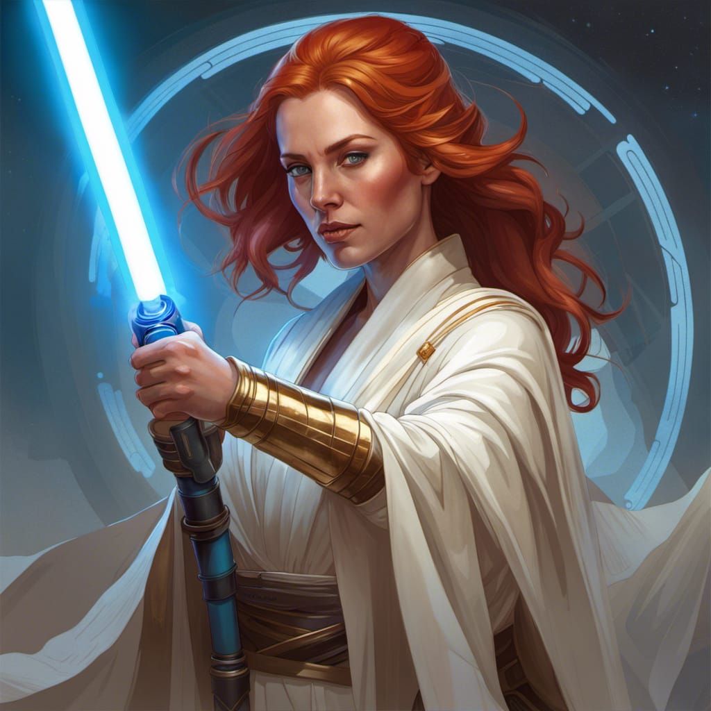 A women with red hair wearing white and gold high republic jedi robes ...