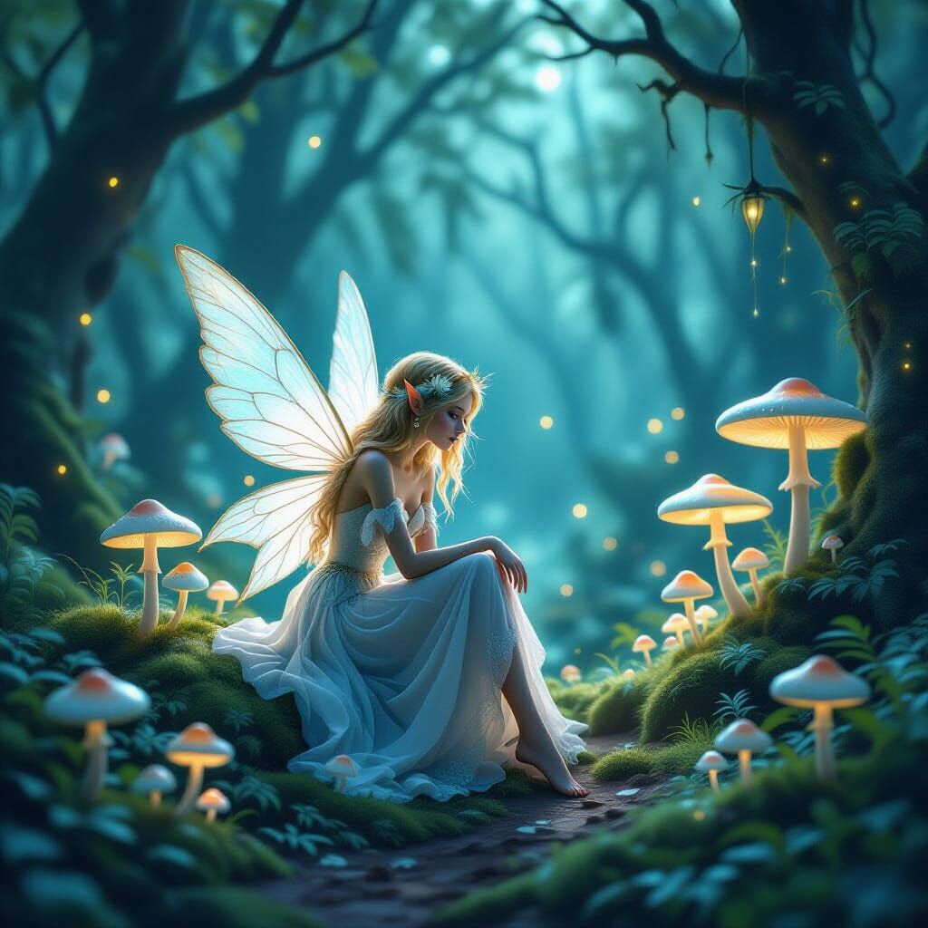 in a soft gentel forest with biolomesint musroms all around sits a magestic  gentle fairy

.