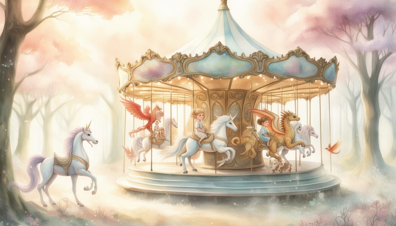 Children of mythical creatures riding a carousel in an enchanted forest — young unicorns, baby dragons, ...  by @Елена Борисова