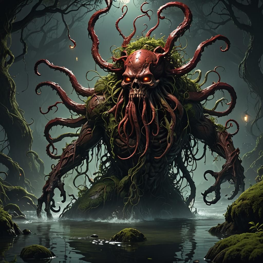 concept art of a dark-Red swamp eldritch monster Hellboy creature with ...