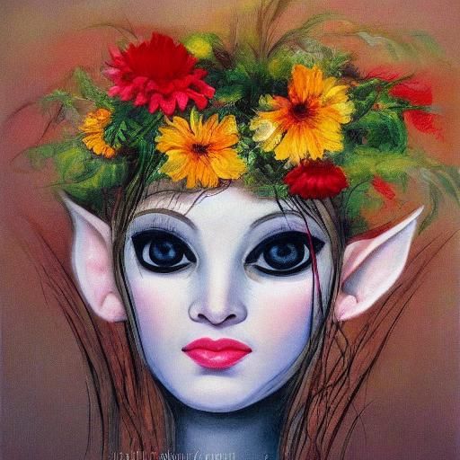Luminous Elf Eyes Amidst Blooming Flowers, Surreal Art