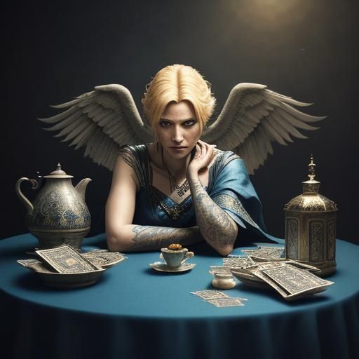 blonde tarot reader table phoenix with a broken wing bandage...