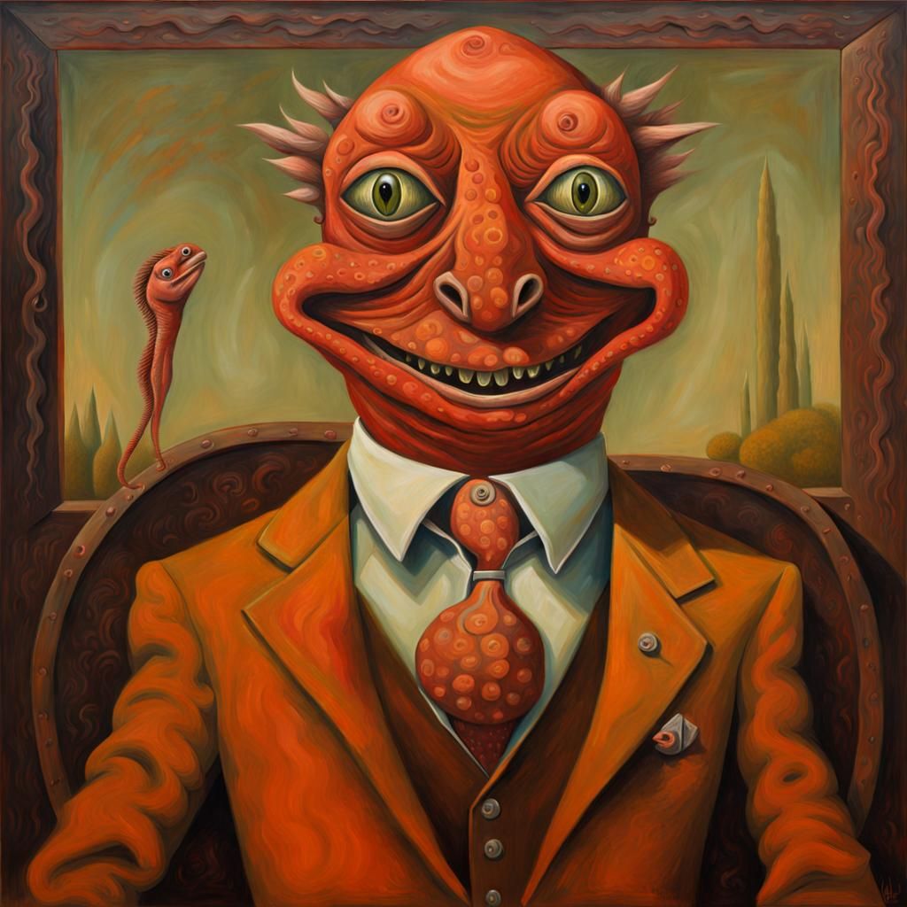 A surreal outsider art oil painting of of a grotesques caric...