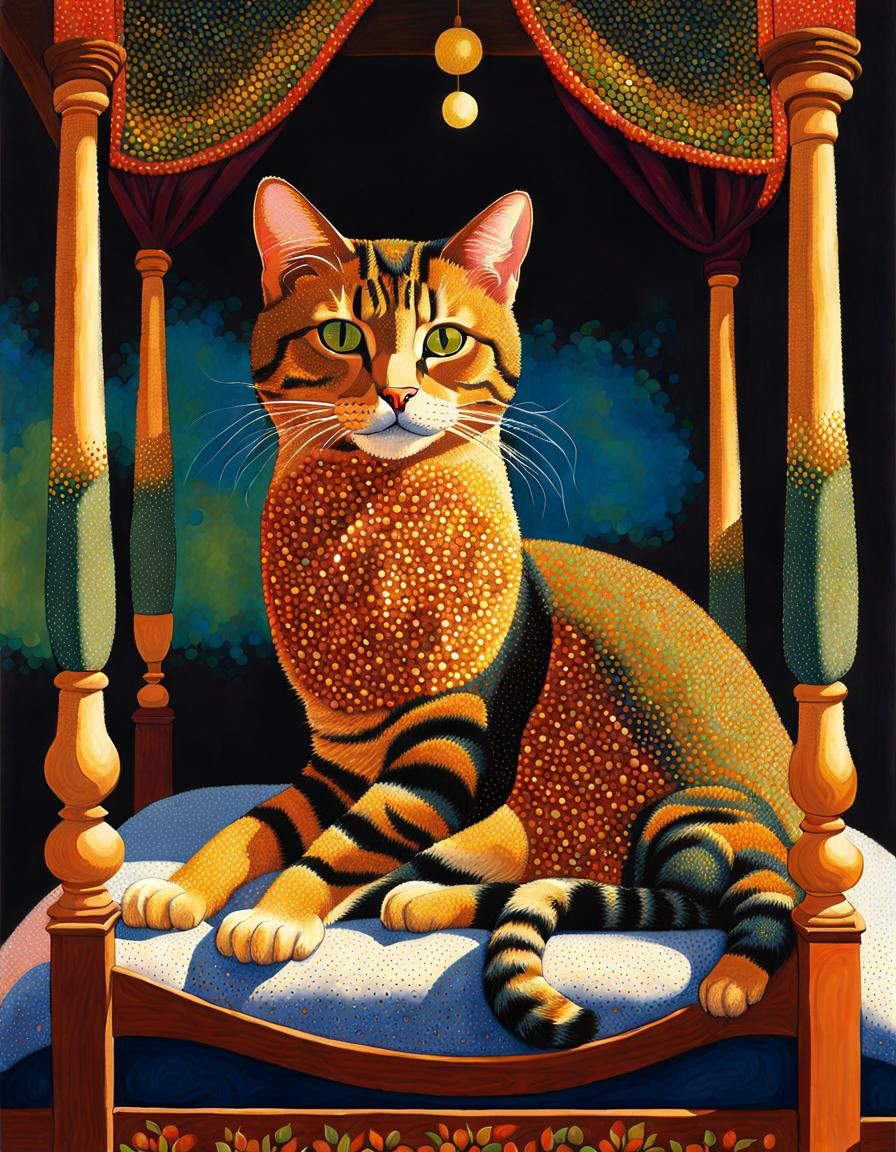 Pointillism style image depicting a  cat on bed