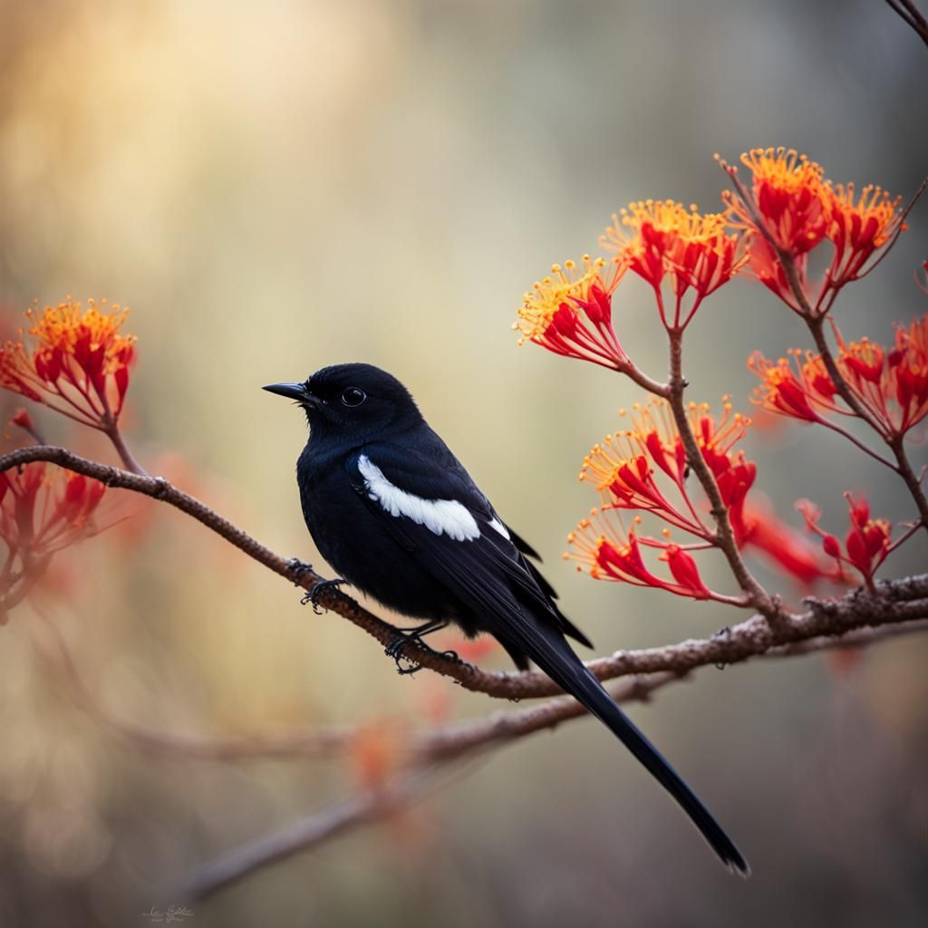 A Willy Wagtail on the flower of a glorious Flame Tree in Sp...
