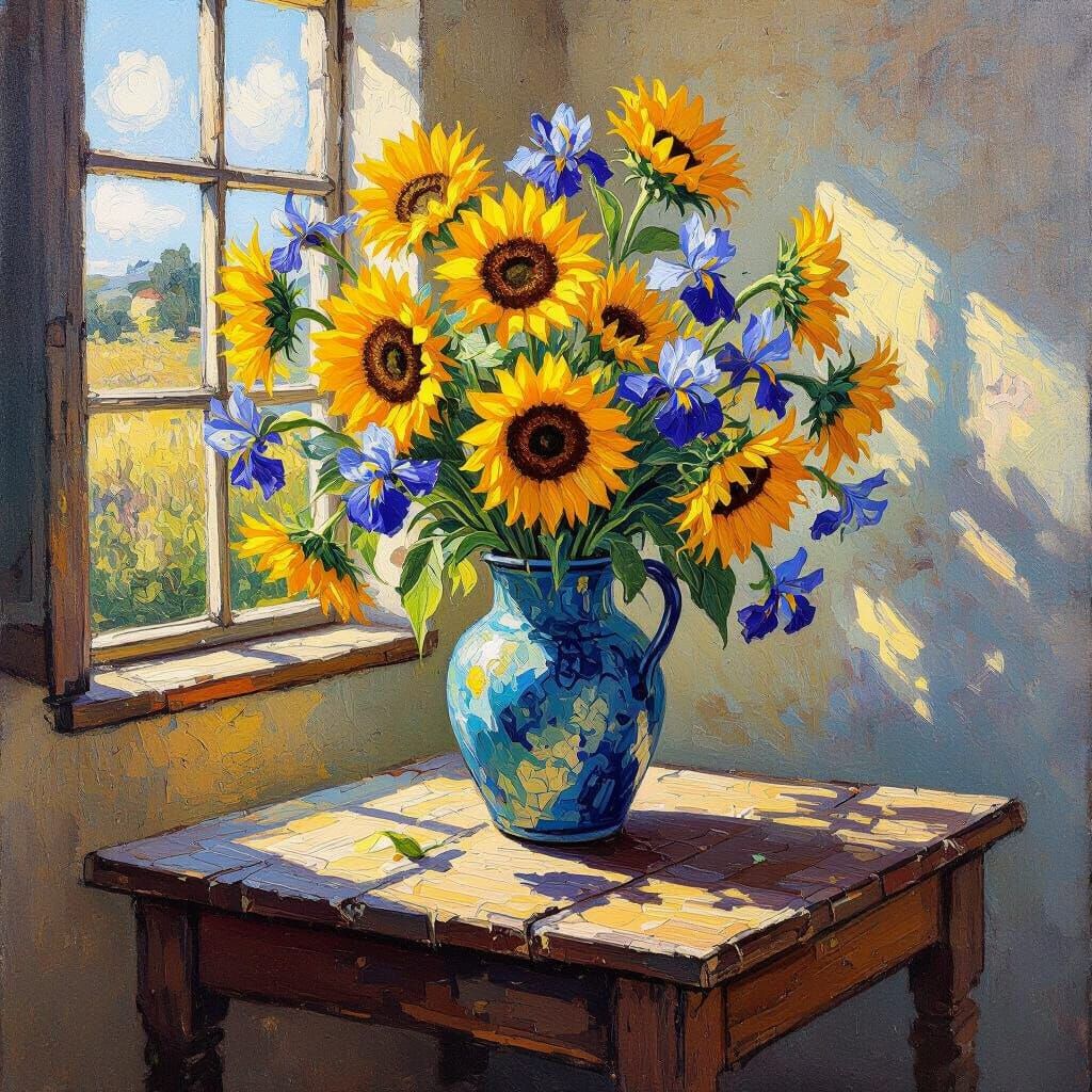 Create a picture of Van Gogh's style, a vase with flowers on a table in an old cottage in the summer. ...  by @Mr Rich