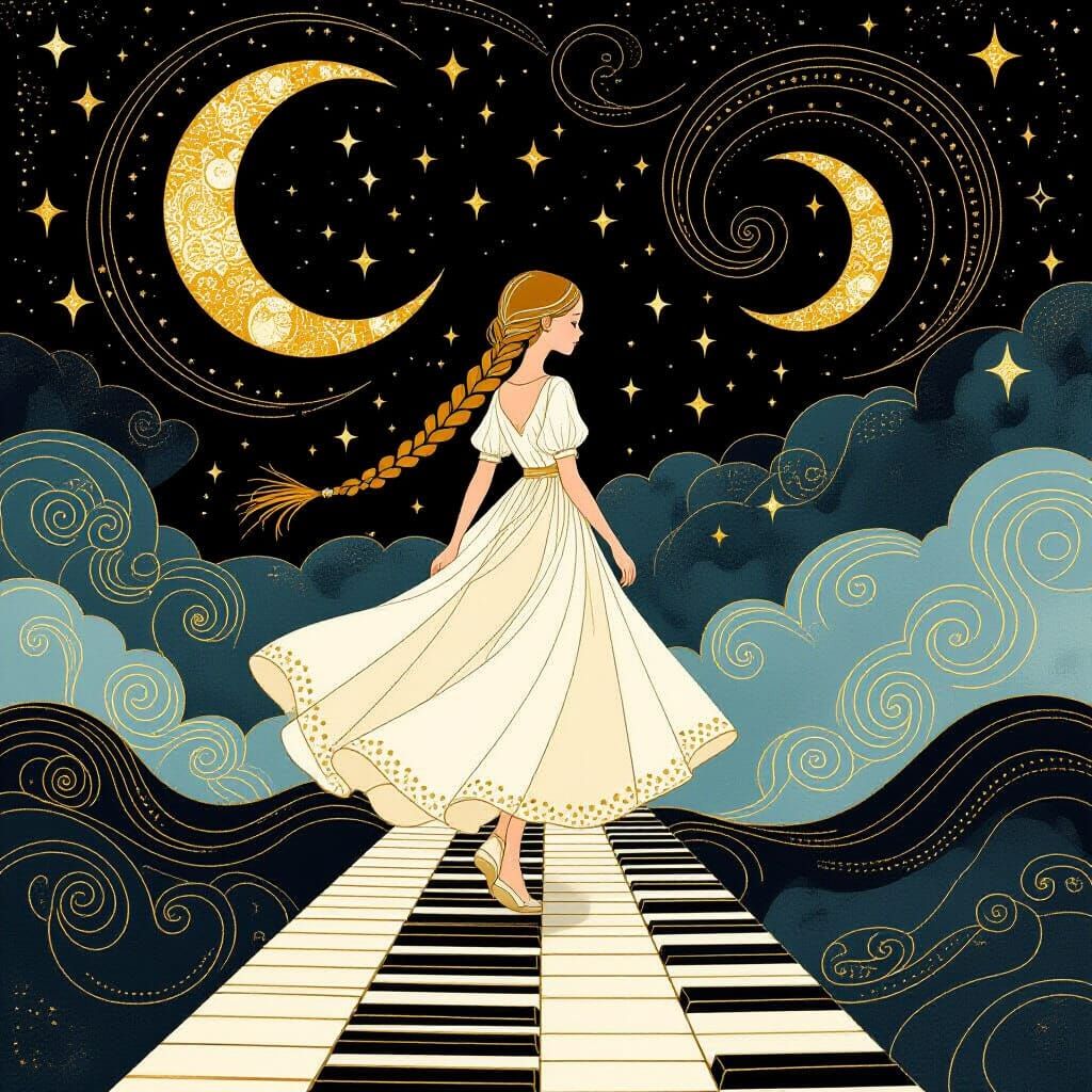 ^^Girl on Piano Key Bridge in Gold Ink Style (3 like)  by @AliceKoh