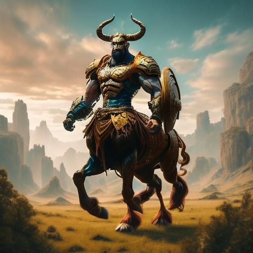 <lora:Centaur start imager:1.0>mighty horned centaur warrior, amazing detail, hd photography (Mythical centaur) 
