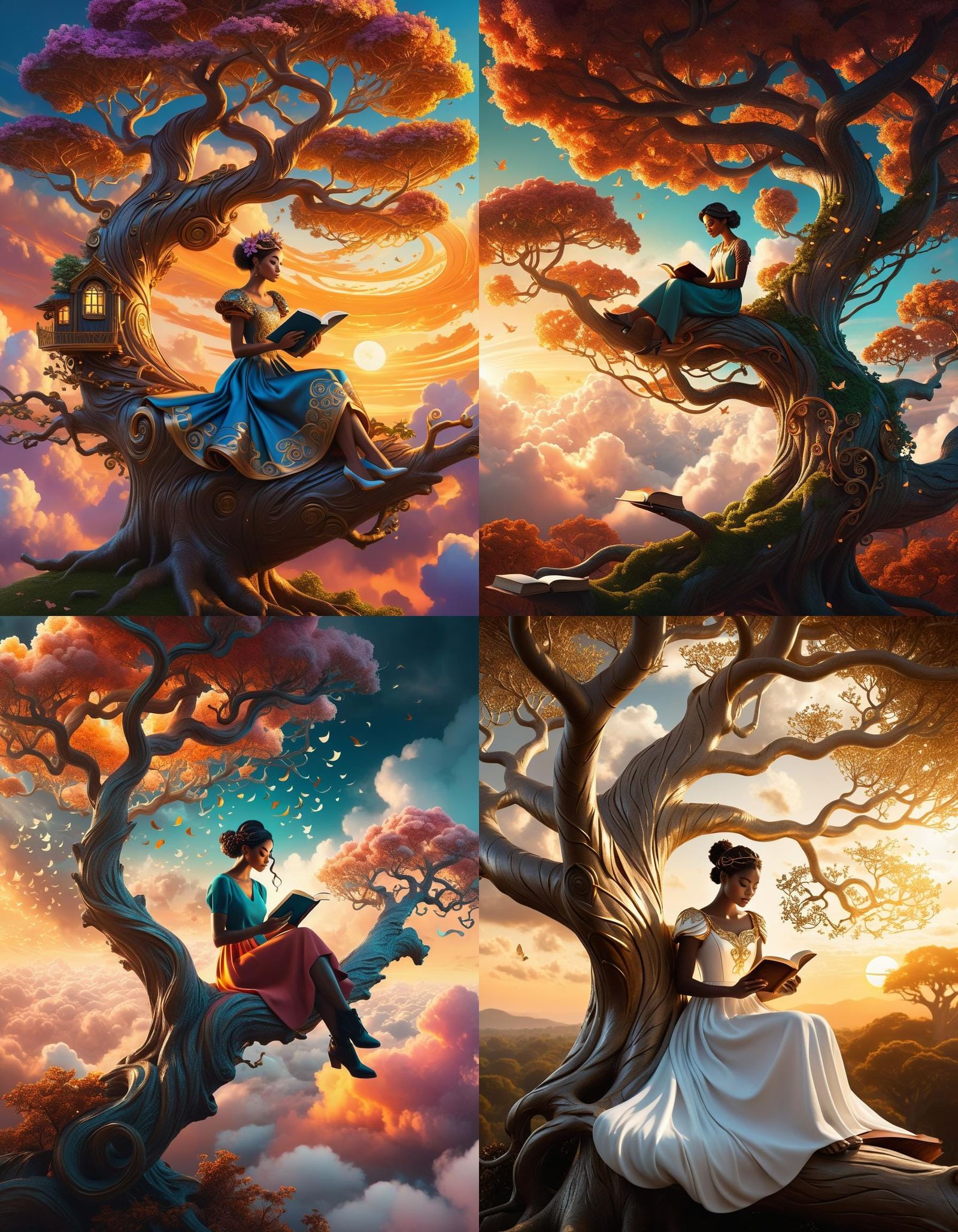 A stunning image of a Girl Sitting on a branch of a swirly tree growing on a cloud, Reading a Book, a magical treehouse ...