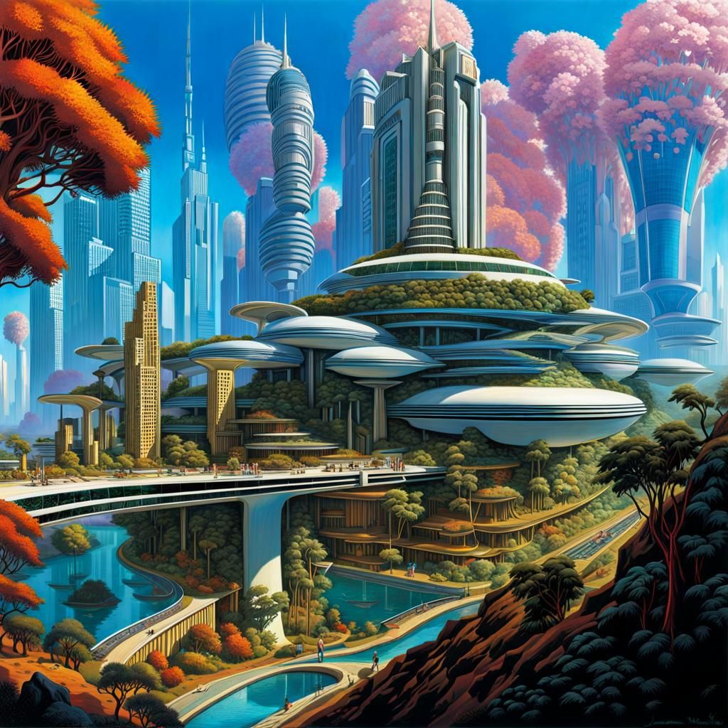 Futuristic Utopian World City Where Biology And Technology Are Beautifully Aligned Intricate 2451