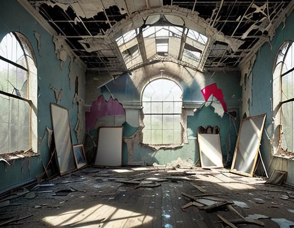 inside an old abandoned museum, paint peeling off walls, old...