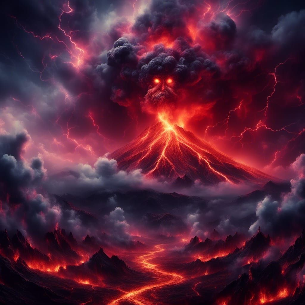 Demon Face Volcano Erupts, <lora:Wild Storm:1.0> masterpiece, hdr, hyperrealistic,