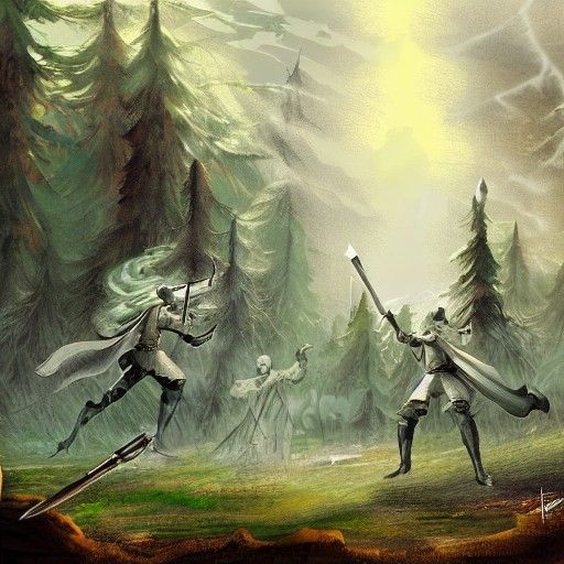 a ghost fighting knights in a forest