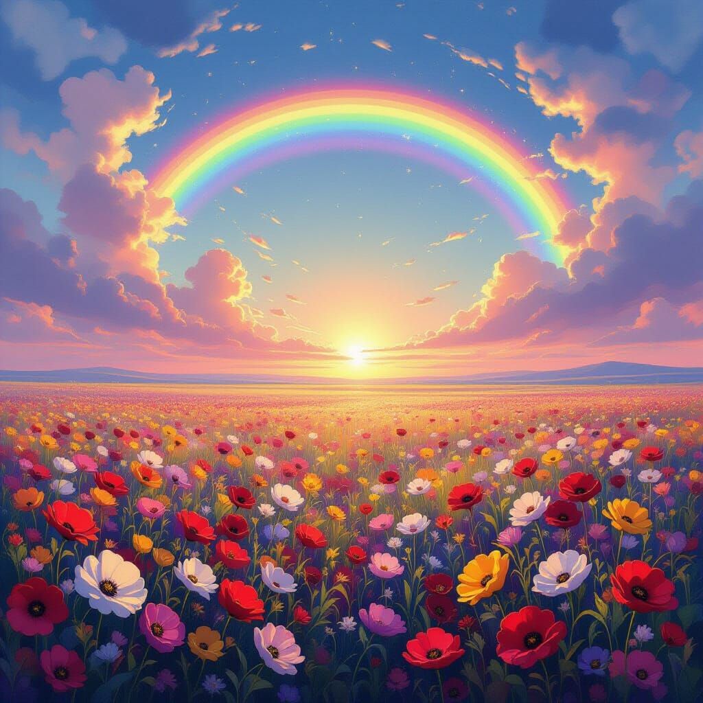Burst of color, field of flowers under a rainbow sky, ethereal impressionistic surreal magical abstract 
