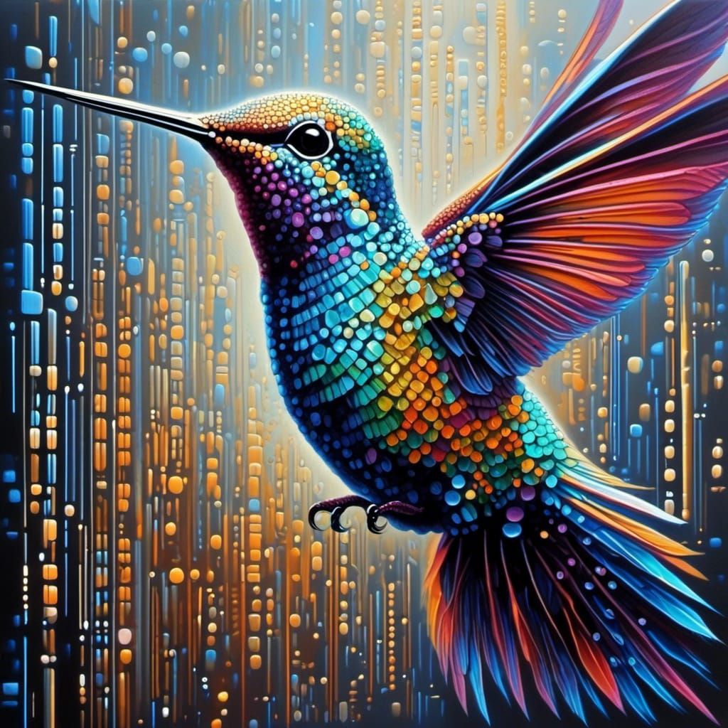 <lora:Binary Code:1.0> hummingbird,  binary code, cyberpunk, colorful, hyperreal, intricately detailed 
