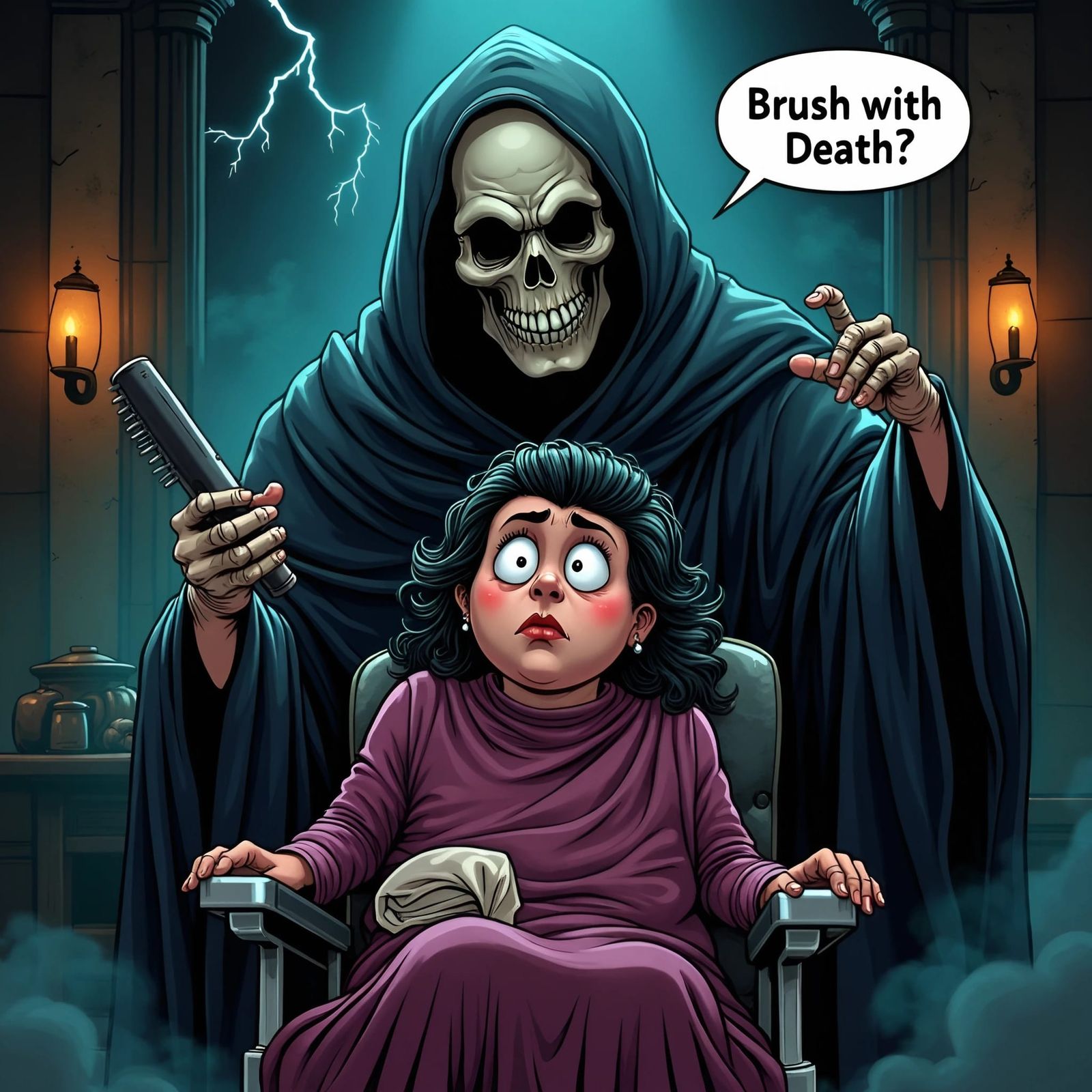 At the Styx and Scones hair salon and Cafe, you can have a brush with Death every day. In fact, he's the favorite stylis...