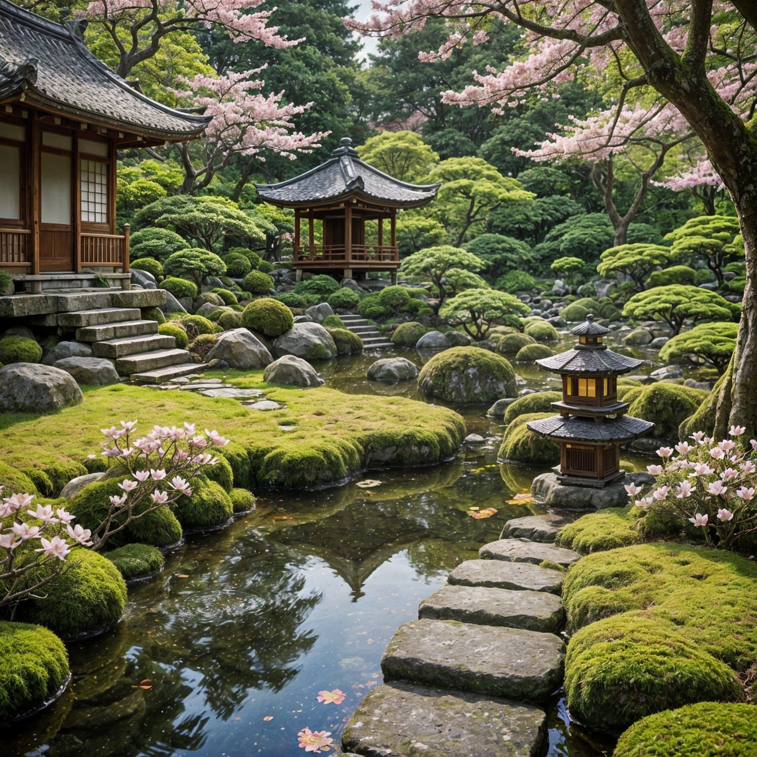tranquil Japanese garden at golden hour, stone path winding through perfectly manicured moss garden, ...  by @Artimagine