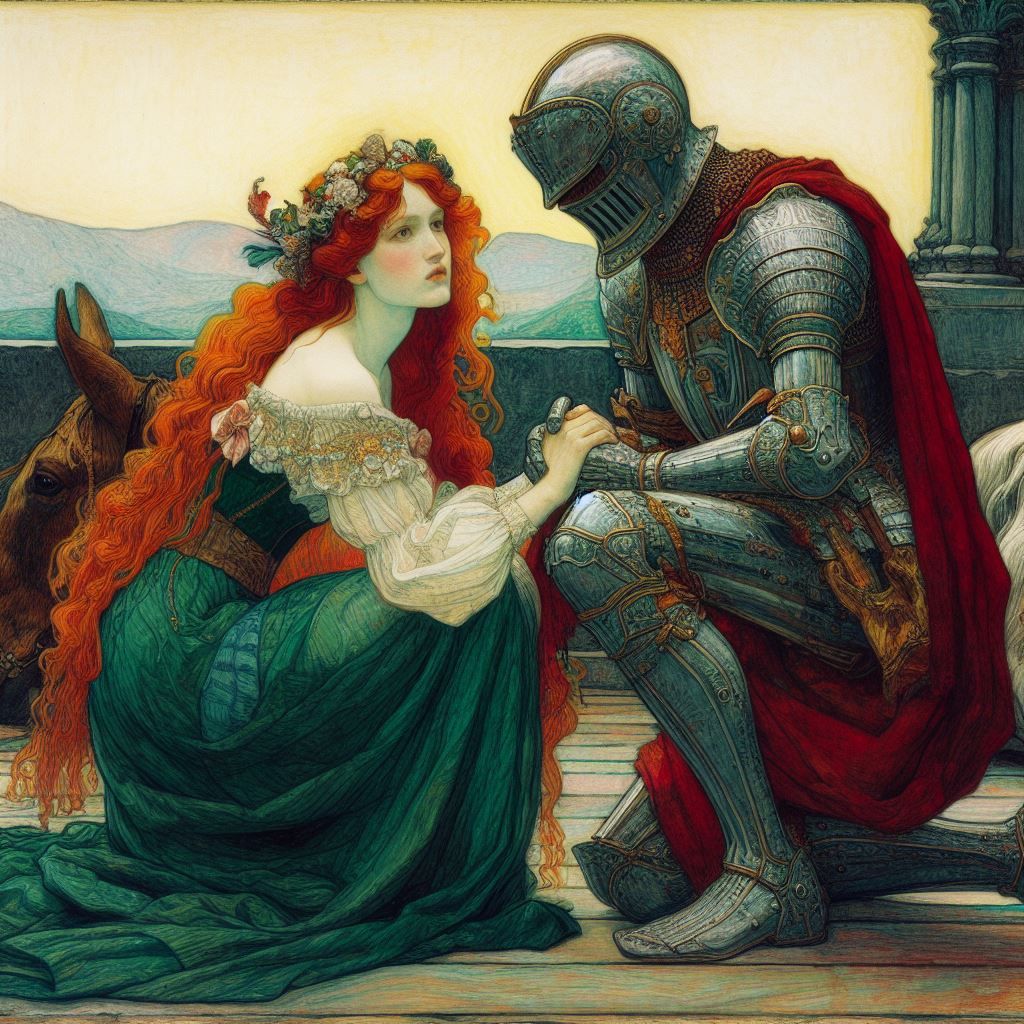 A red haired lady kneeling before a seated knight by egon schiele based on Lamia by John William Waterhouse