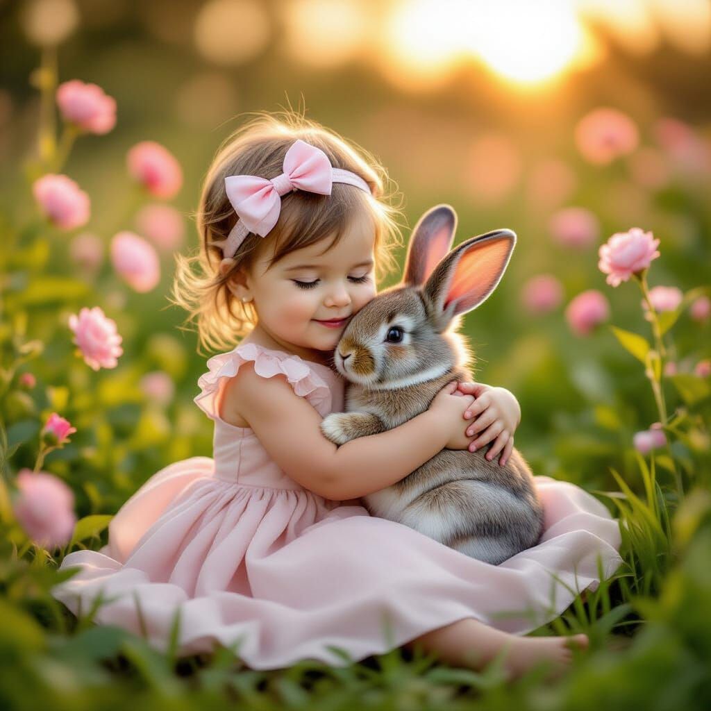 Baby Girl Hugging Rabbit in Pink Flower Garden