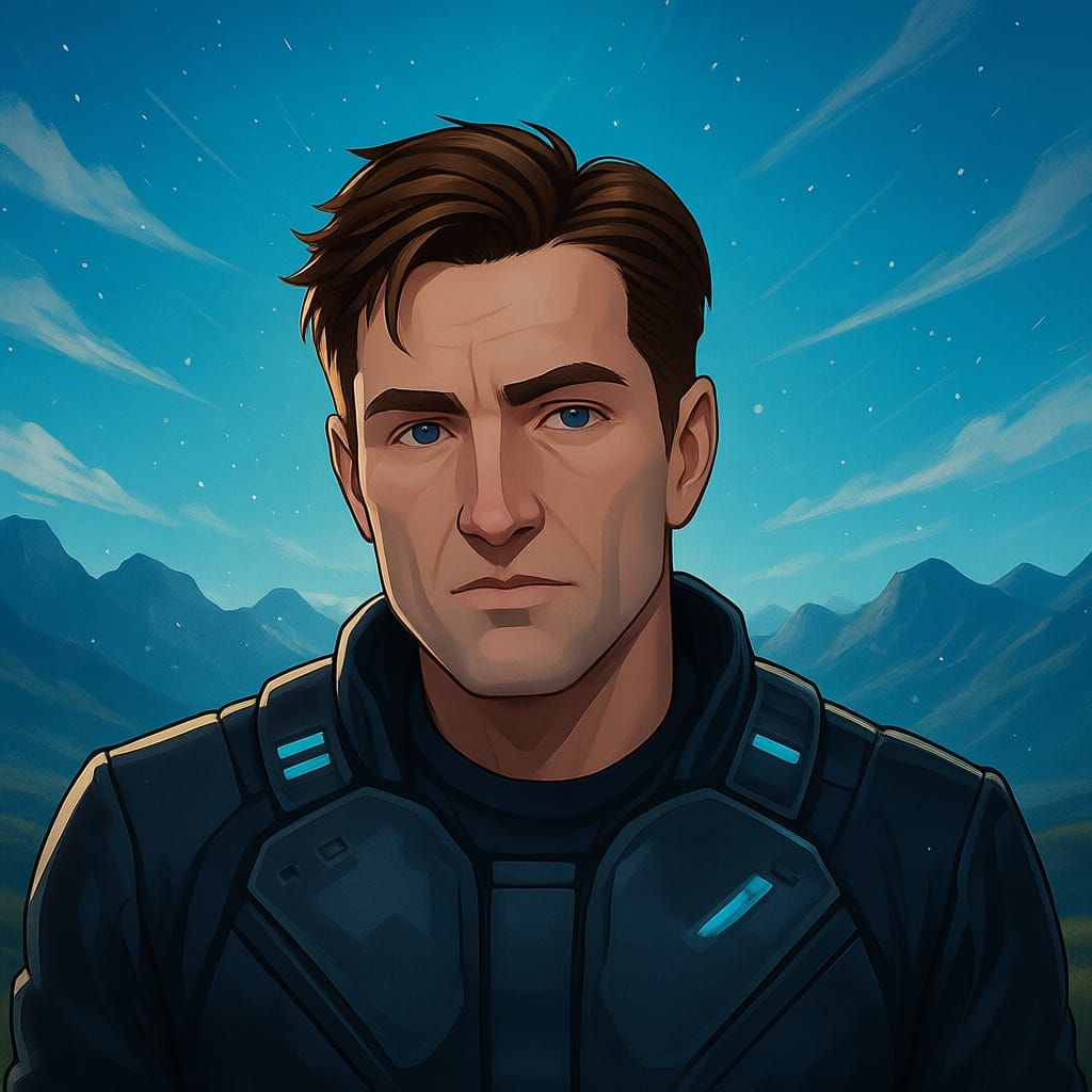 A vibrant, stylized Discord profile picture featuring a futuristic character mid aged with normal