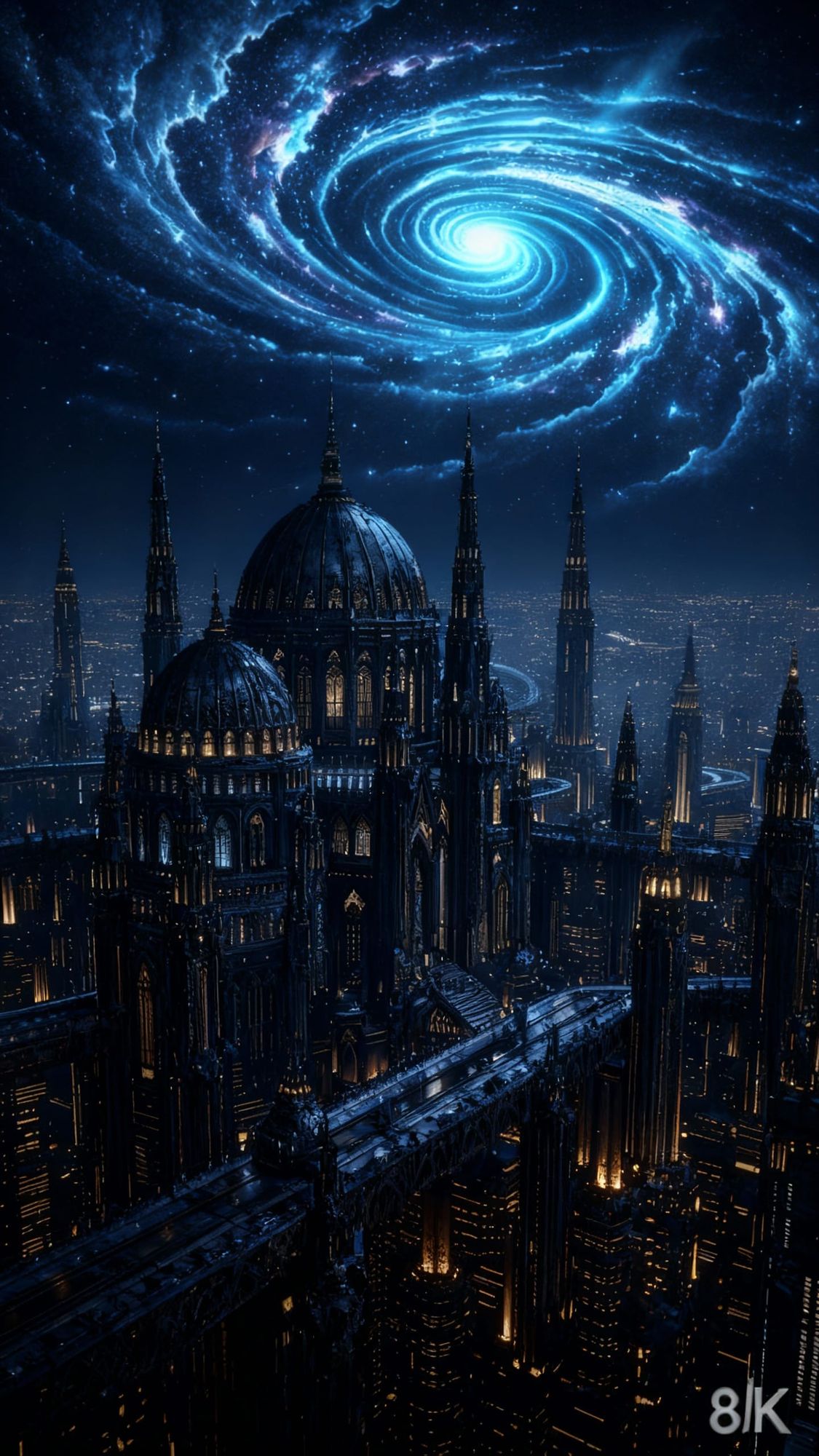 Vast futuristic megacity at night, illuminated with millions of tiny golden lights, featuring enormous cathedral-like structures with intric...