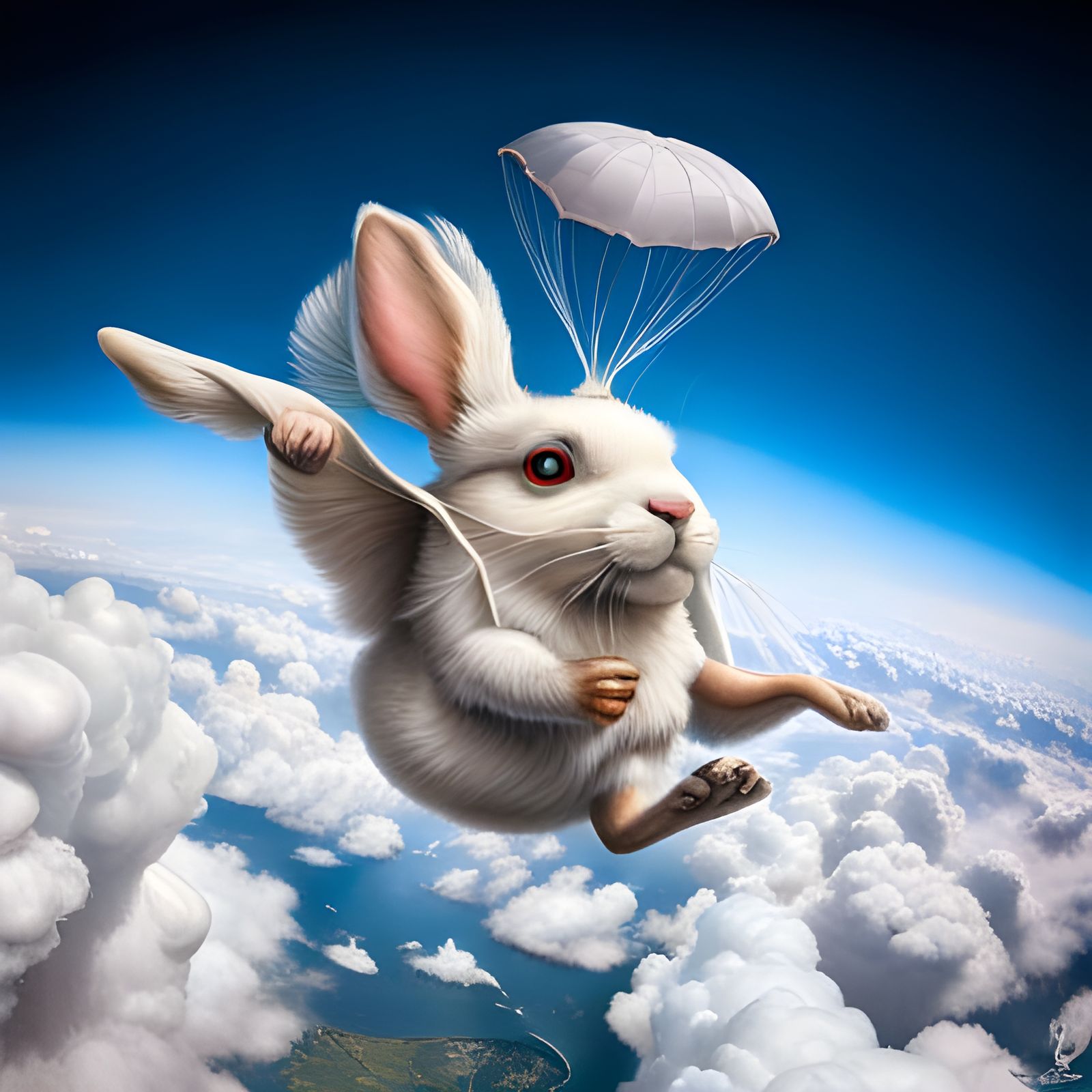 photorealistic cute fluffy bunny rabbit skydiving Tim Burton Thomas ...