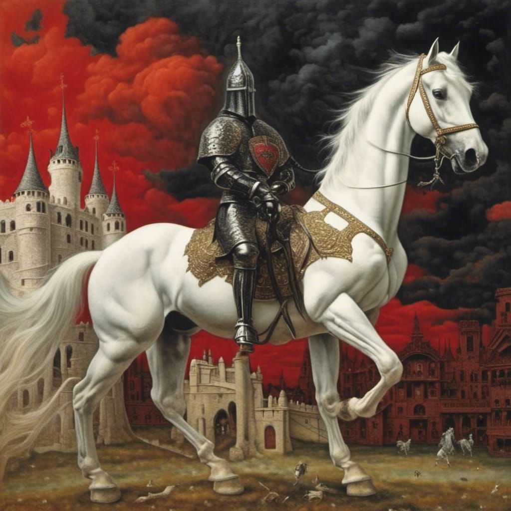 <lora:Dark Beauty :1.0> Black knight riding a beautiful white horse in front of a red castle 