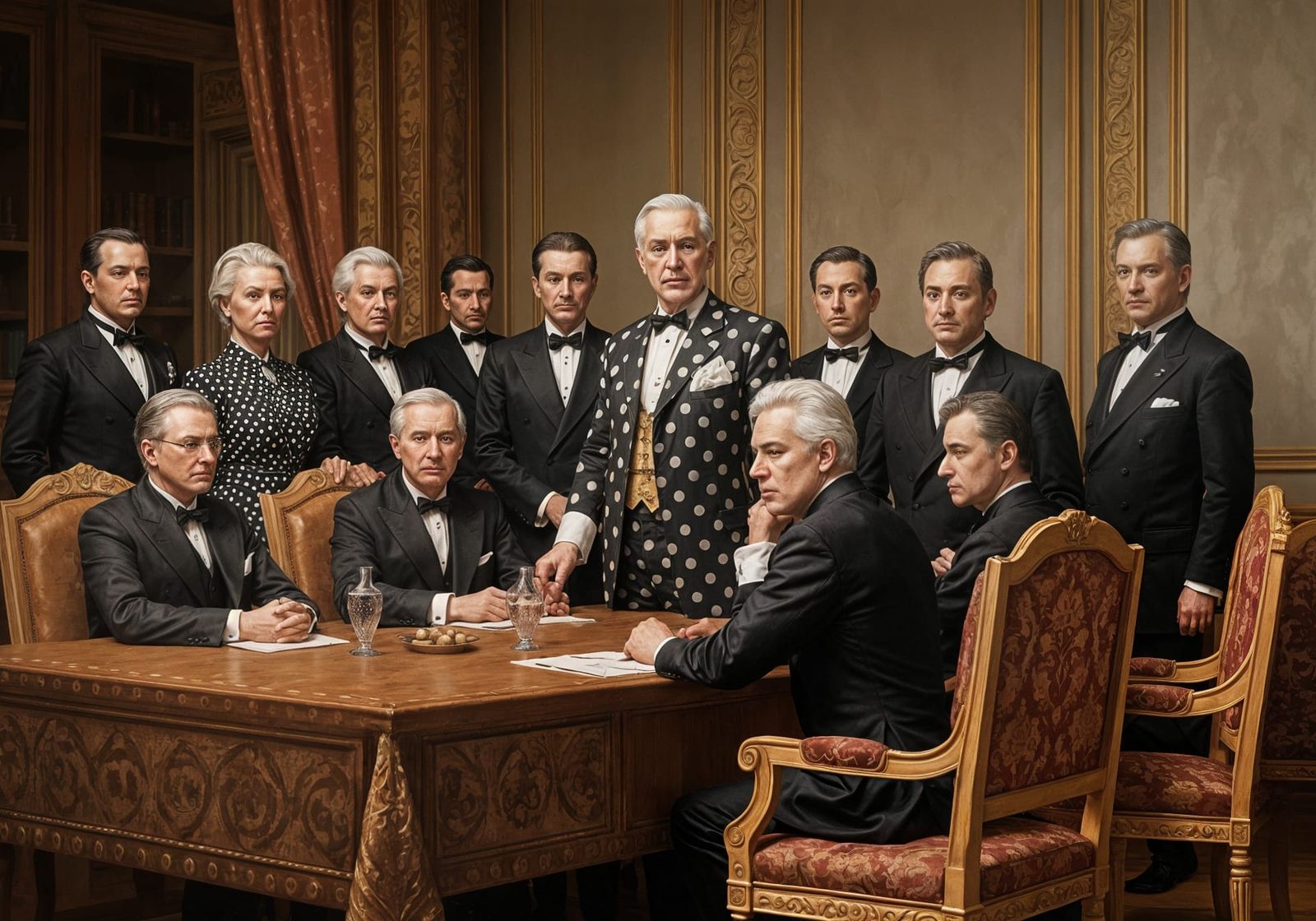 krasnov in polka dots, surrounded by his cabinet, detailed oil painting, richard lindner