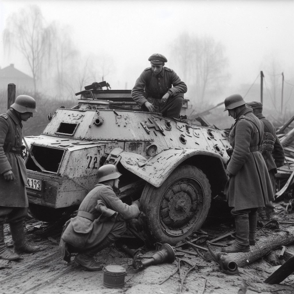 After heavy artillery bombardment Germans look at what's left from their armored car East Prussia 1939 alternative world...